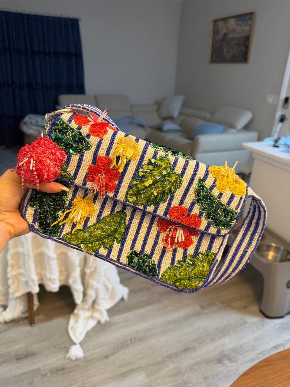 Beaded Floral Embroidered Stripe Women's Clutch - Blue, Green & Red